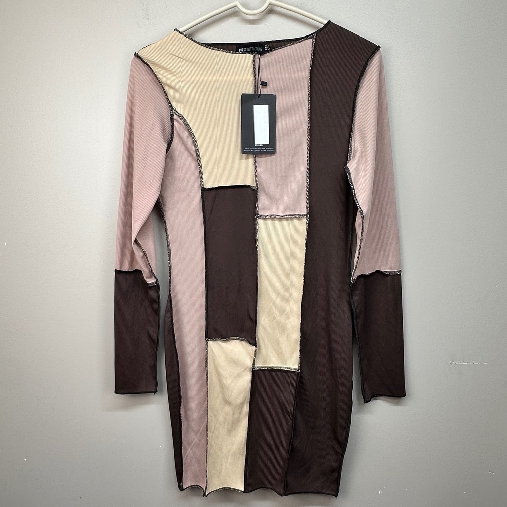 PrettyLittleThing Ribbed Patchwork Mini Dress Brown Tan‎ Mauve USA 10 NWT